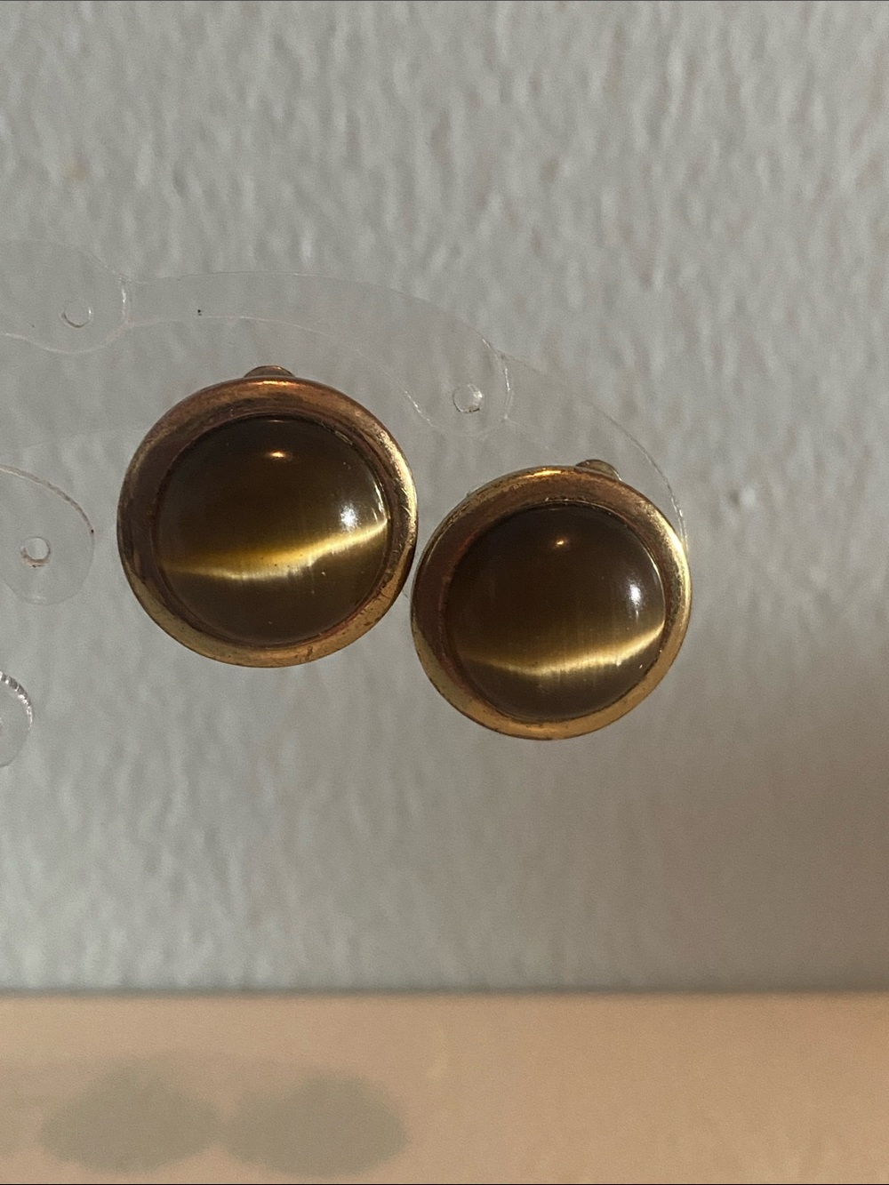 Gold-Tone Cat's Eye Button Clip On Earrings - Olive Brown Cabochon